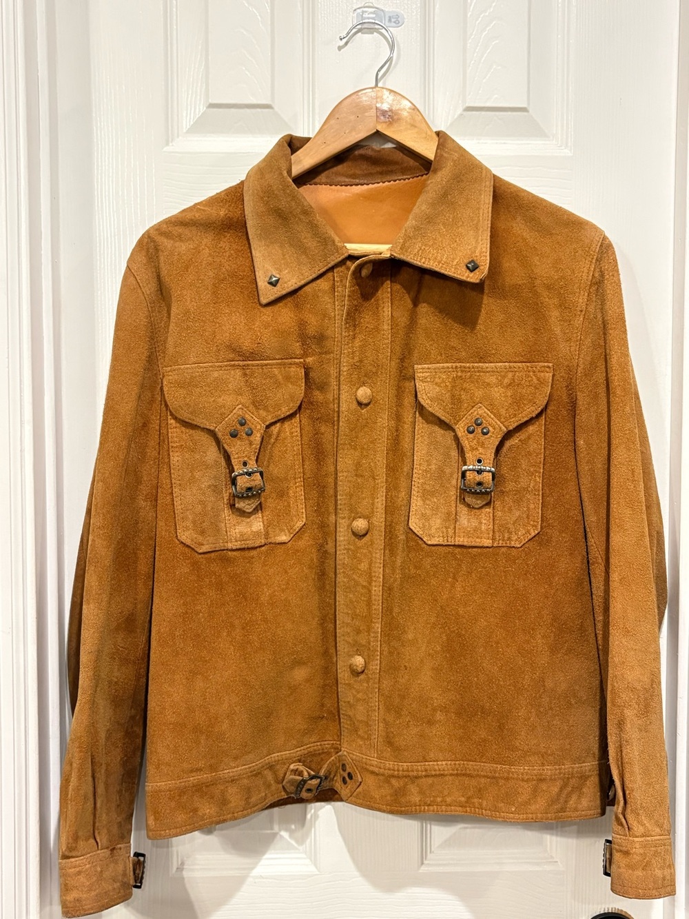 Vintage Suede Leather Jacket Mens S/M Western Buckle Pockets Hong Kong Brown